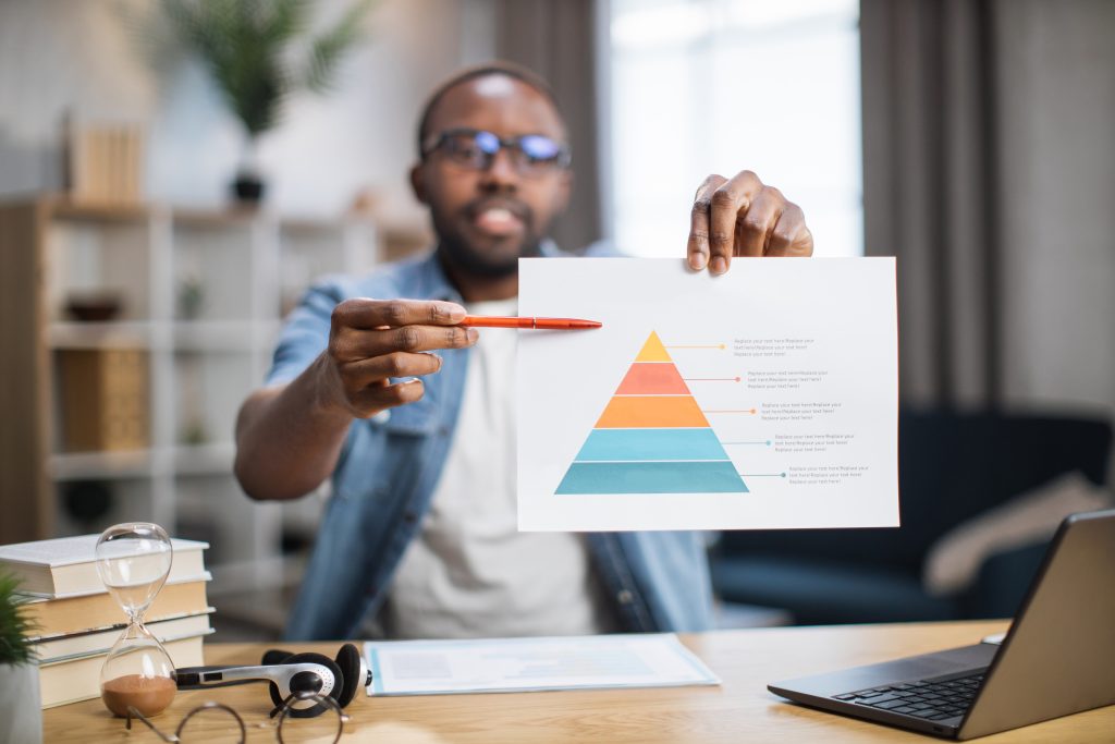 Male freelancer showing financial report on camera